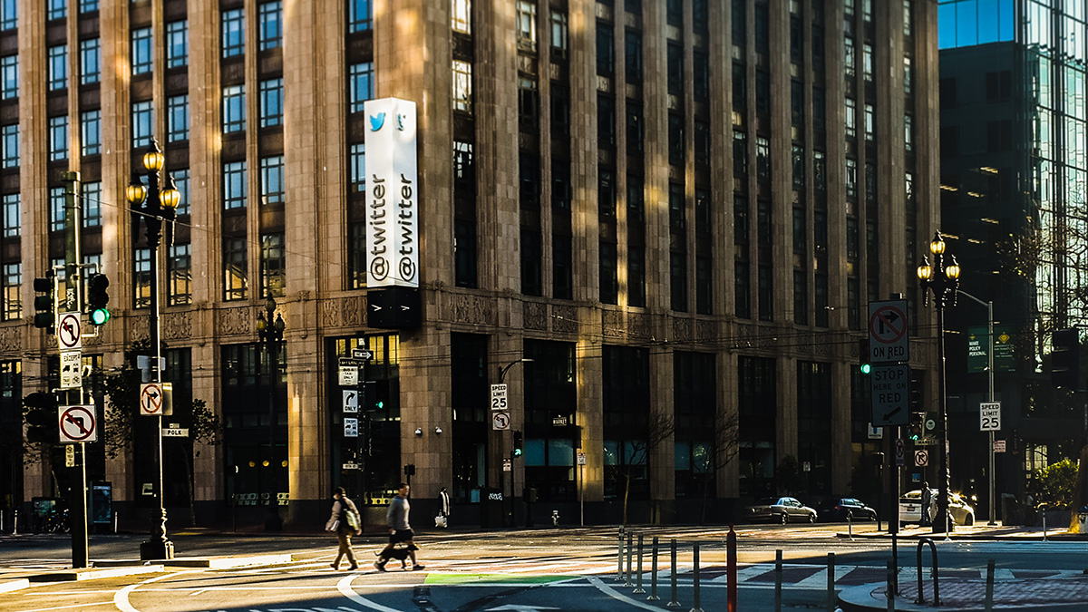 Twitter building sign, featuring the logo and @twitter name